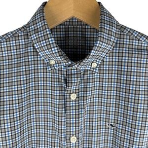 Vineyard Vines Boys Performance Whale Shirt XL Blue Tan  Plaid Button Down